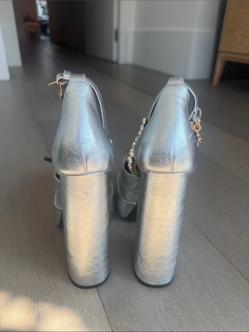 Versace Silver Platform Mary Jane Heels with Gold Stud Detail